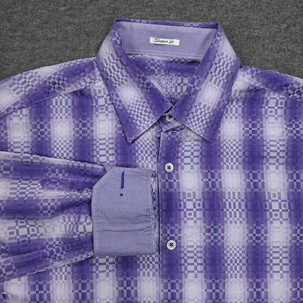 Bugatchi Uomo Shirt Mens Large Purple Check Woven Long Sleeve Slim Fit Button Up